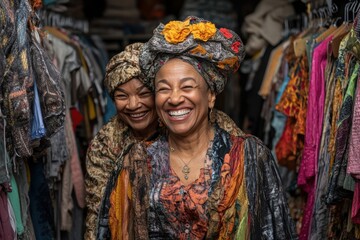 Two joyful women laugh heartily in a colorful clothing store, showcasing their happiness and enjoyment while surrounded by a vibrant array of fashionable garments and accessories.