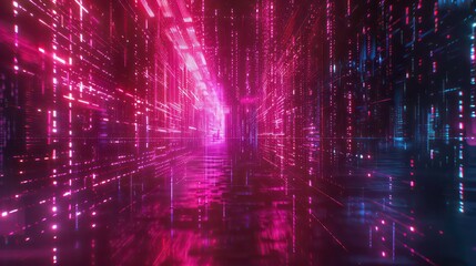 Obraz premium Abstract digital background with glowing lines and light trails in purple and pink colors.