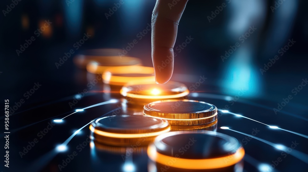 Poster a close-up of a finger pressing a glowing button on a digital interface, symbolizing technology and 