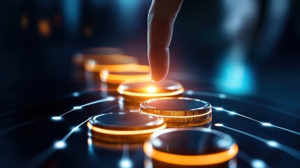 A close-up of a finger pressing a glowing button on a digital interface, symbolizing technology and innovation in modern design.