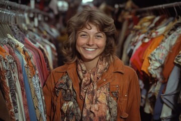 Obraz premium A woman in a vintage outfit, featuring an orange jacket and patterned scarf, smiles broadly while standing amongst racks of diverse and colorful clothing in a thrift shop.