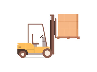 Forklift, warehouse industrial lifting machinery, forklift with carton parcels equipment for landing boxes, forklift loader with lifting, machinery for pallet, box flat vector illustration.