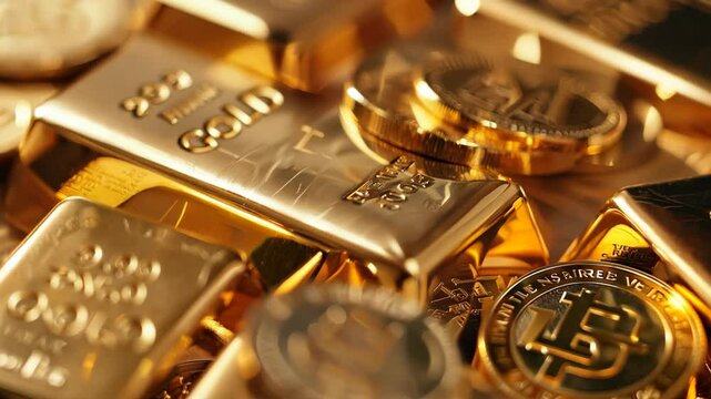 A striking close-up of gleaming gold bars marked "999.9 FINE GOLD" and ornate coins, radiating wealth and prosperity. Ideal for finance, luxury, and investment themes.