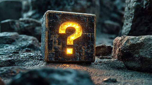 Glowing question mark cube resting on rocky terrain