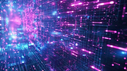 Fototapeta premium Abstract purple and blue digital network with glowing lights.