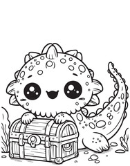 Cute dragon with treasure chest children coloring page 