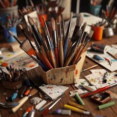 Fototapeta premium 7. Handmade art brushes and school tools, scattered on a creative workspace, 3D illustration