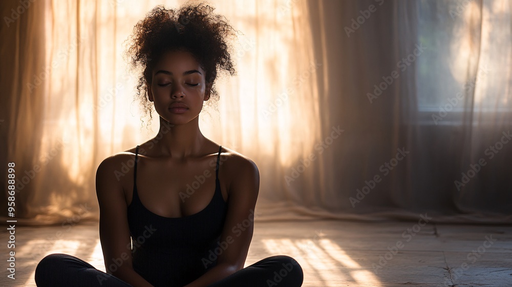Aufkleber meditation in a quiet room with soft natural light streaming through sheer curtains stock photo with