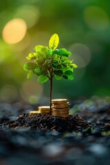 Sapling Growing from  Coins - Symbolizing Economic Growth and Investment Success