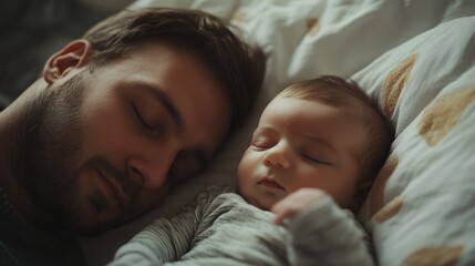 Dad sleeps with newborn baby. Father's role in raising a child, caring for a newborn. Father and child, father's day.