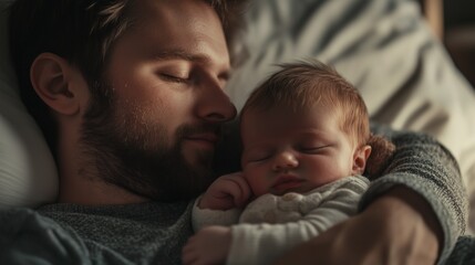 Dad sleeps with newborn baby. Father's role in raising a child, caring for a newborn. Father and child, father's day.
