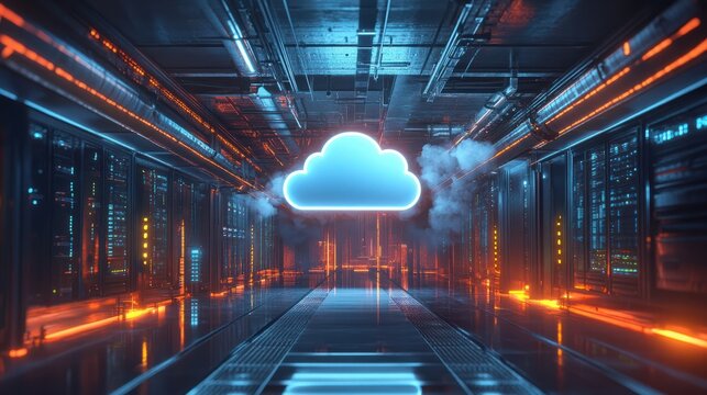 Data center with secure cloud locks, representing advanced digital protection and network security in a high-tech environment.