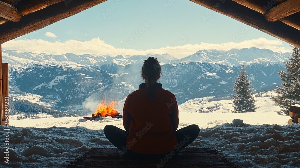 Poster meditation in a rustic cabin with a view of the mountains and the warmth of a crackling fire stock p