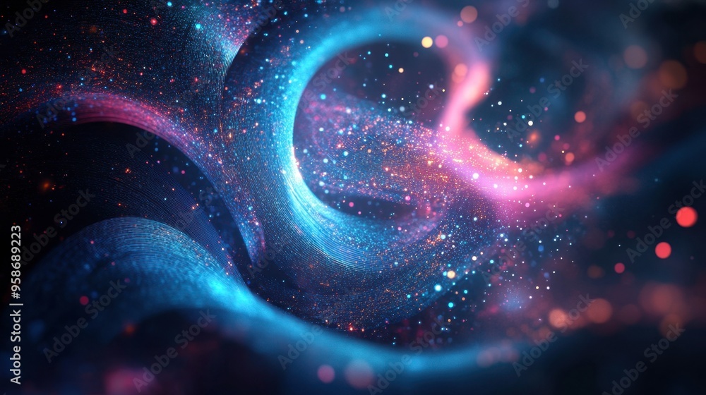 Poster a 3d abstract multicolor visualization with swirling ribbons of light and particles, creating a capt