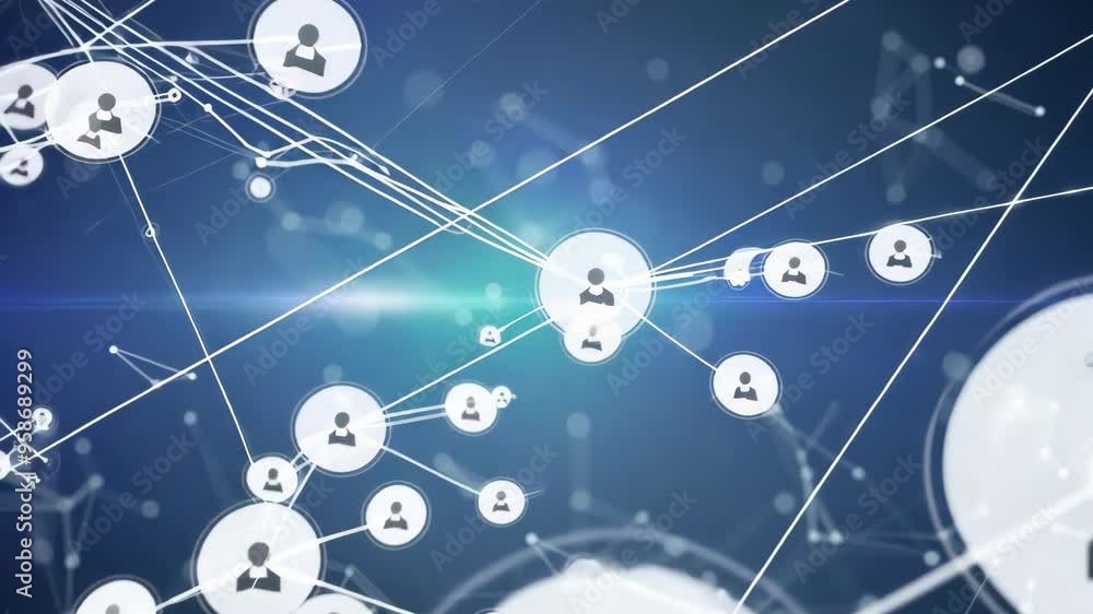 Poster a striking digital graphic features interconnected user icons on a gradient blue background, symboli
