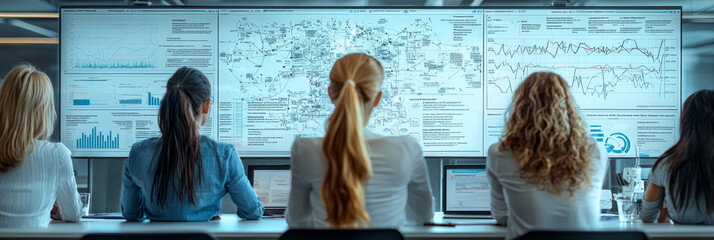 Four women in a meeting room, looking at charts and graphs displayed on a large screen.