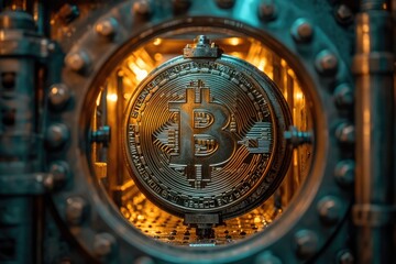 Fototapeta premium A conceptual photo of a cryptocurrency coin breaking through a traditional bank vault door, representing the disruption of digital currency in finance