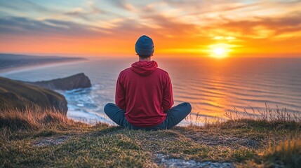 Meditation at the edge of a cliff at sunset with the ocean stretching out to the horizon Stock...