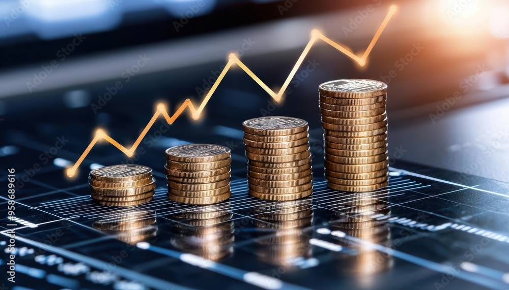 Poster coins stacked in ascending order representing growth and financial success with a rising graph in th