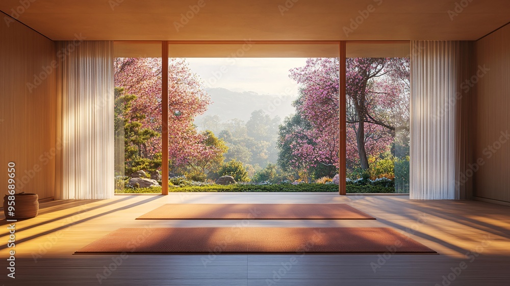 Poster meditation in a quiet room with soft morning light and a view of a blooming garden stock photo with 