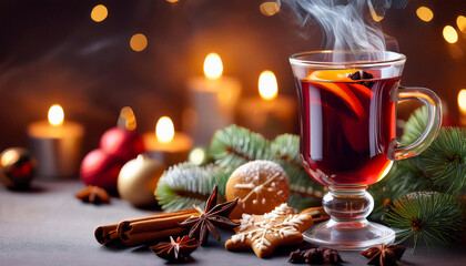 Gl&uuml;hwein: A Steaming Glass of Gl&uuml;hwein Surrounded by Festive Christmas Cookies and Star Anise - Festive Holiday Table Background