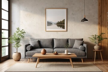 Japandi-style living room with a sofa, table, and mockup frame on the wall with copy space.