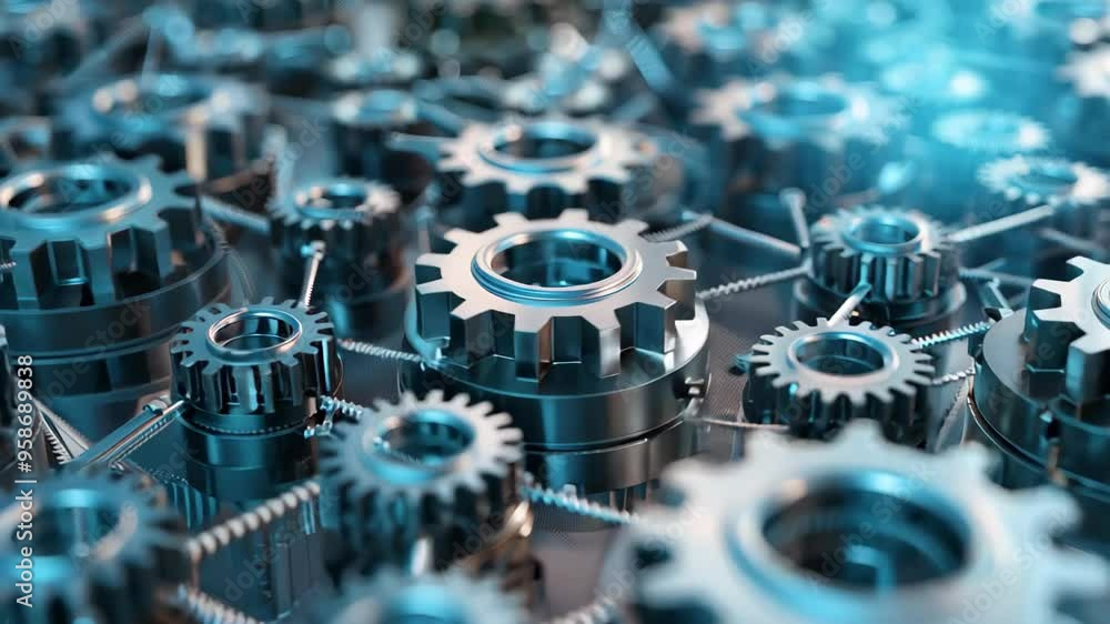 Poster a striking close-up of interlocking metallic gears in various sizes and intricate designs, set again