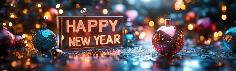 Sign that says happy new year next to christmas ornaments, christmas background, banner, copy space