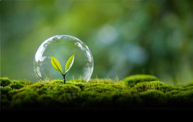 Young tree growing in moss and green nature background