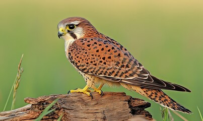 A small brown and white falcon with yellow feet and a yellow beak perched on a log with a green background.