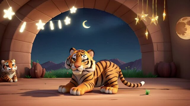 Cute tiger cubs at night. Seamless 4K looping timelapse video animation background