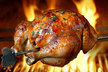 Deliciously roasted whole chicken on a rotisserie, perfectly golden and seasoned, with flames in the background, creating a mouthwatering and fiery ambiance.