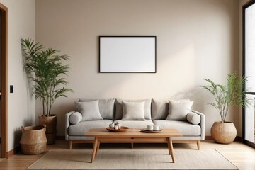 Japandi-style living room with a sofa, table, and mockup frame on the wall with copy space.