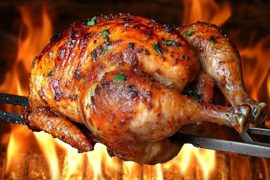 Deliciously roasted whole chicken on a rotisserie, perfectly golden and seasoned, with flames in the background, creating a mouthwatering and fiery ambiance.