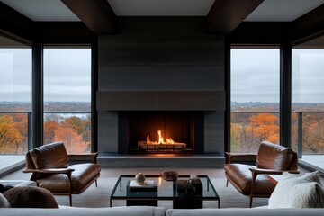 A contemporary living room features a cozy fireplace and stylish leather chairs, boasting large windows that frame a breathtaking autumn landscape with rich, vibrant colors.