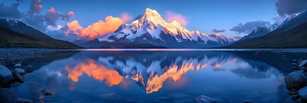 Majestic Himalayan Landscape with Serene Lake Reflection at Sunset