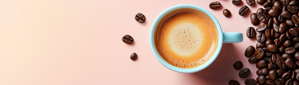 A vibrant coffee cup filled with rich brew next to scattered coffee beans on a pastel background.