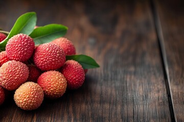 Fresh lychees with green leaves on a rustic wooden table.