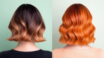 Naklejka premium Shoulderlength hair with ombre color from dark brown to golden blonde, paired with a makeup look that transitions from light pastels to warm oranges