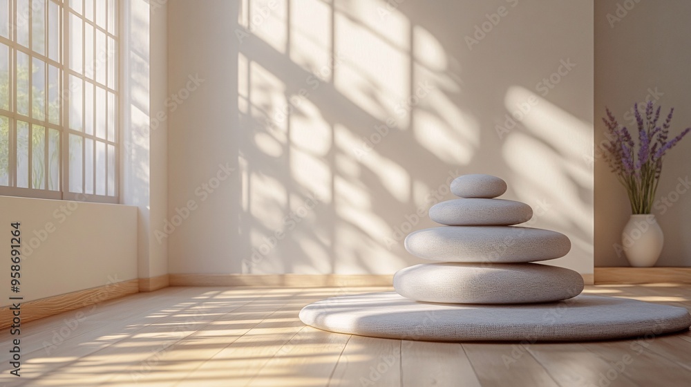 Aufkleber meditation in a quiet room with soft light and the scent of lavender filling the air stock photo wit