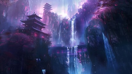 Obraz premium A mystical waterfall cascades beside traditional Asian architecture, nestled among towering cliffs under a twilight sky. The serene scene blends nature and culture, evoking a sense of tranquility and 