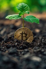 A creative image of a Bitcoin being planted in soil, with a sprout emerging, symbolizing investment growth in cryptocurrency