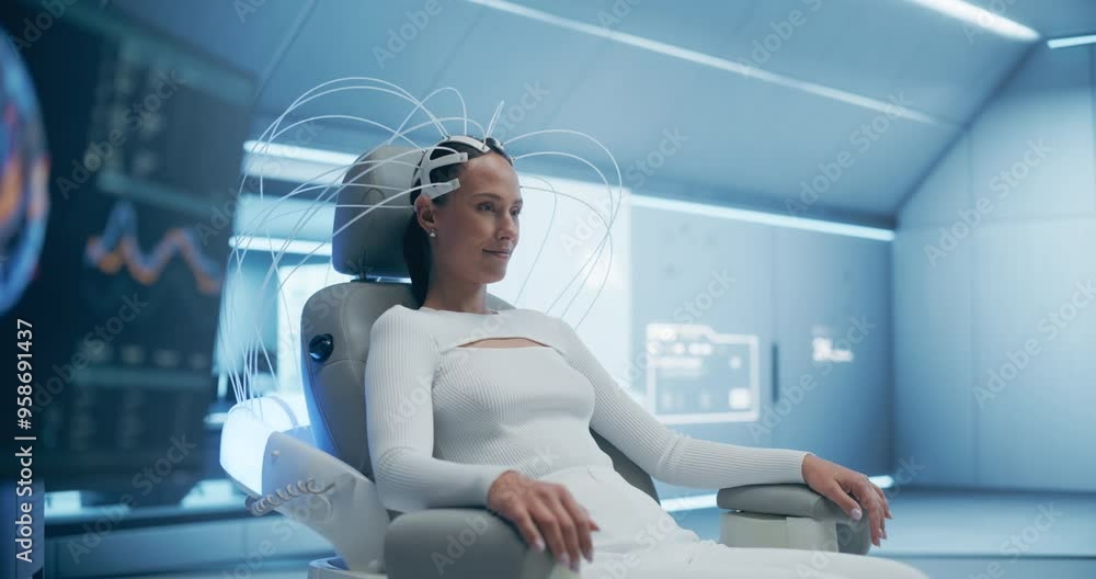 Poster Futuristic Laboratory: Female Patient's Brain With Advanced Neural Technology, Optimizing Cognitive Function and Virtual Reality Connection. Pan Shot from Monitor with Active Brain to Woman