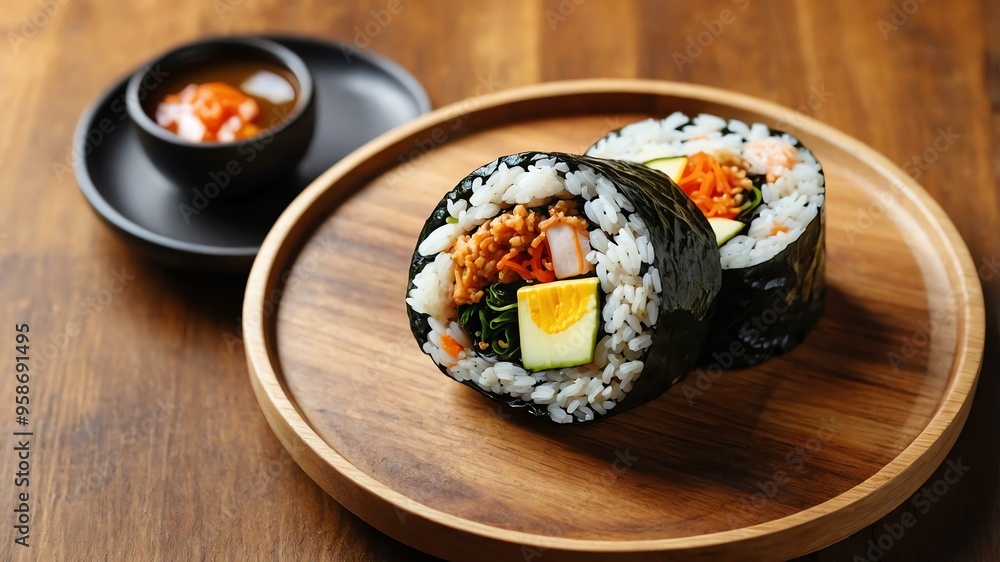 Wall mural korean rice dish kimbap isolated on a wooden plate, concept for advertisement background