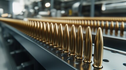 Bronze bullets are seen traveling along a production line in a manufacturing facility, showcasing the automated assembly process and the precision involved