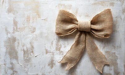 A Rustic Burlap Bow on a White Painted Wooden Surface