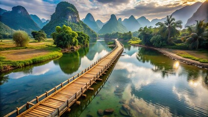Fototapeta premium A breathtaking aerial view of a wooden bamboo bridge surrounded by a serene river and majestic mountains in the backdrop, aerial view, crossing, Asia, adventure, wooden planks, mountains