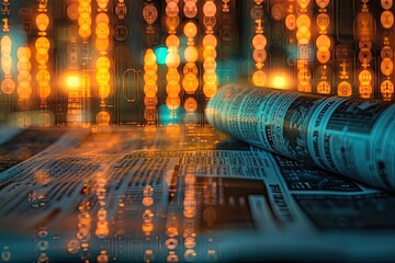 A creative shot of a financial newspaper with crypto-related headlines, surrounded by digital binary code, blending traditional and modern