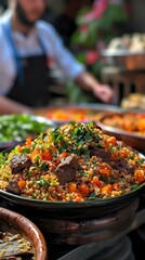 Obraz premium A colorful and flavorful dish of couscous with chickpeas, vegetables, and herbs served in a traditional clay bowl. Ideal for food photography, Mediterranean cuisine promotions, or healthy eating conte