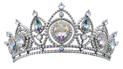 Diamond Silver Crown for Miss Pageant Beauty queen Contest, Crystal Tiara jewelry decorated gems stone, on white or transparent background.	